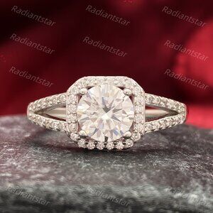 NEW Certified 1 ct. t.w. Moissanite Cushion Halo V Band Ring